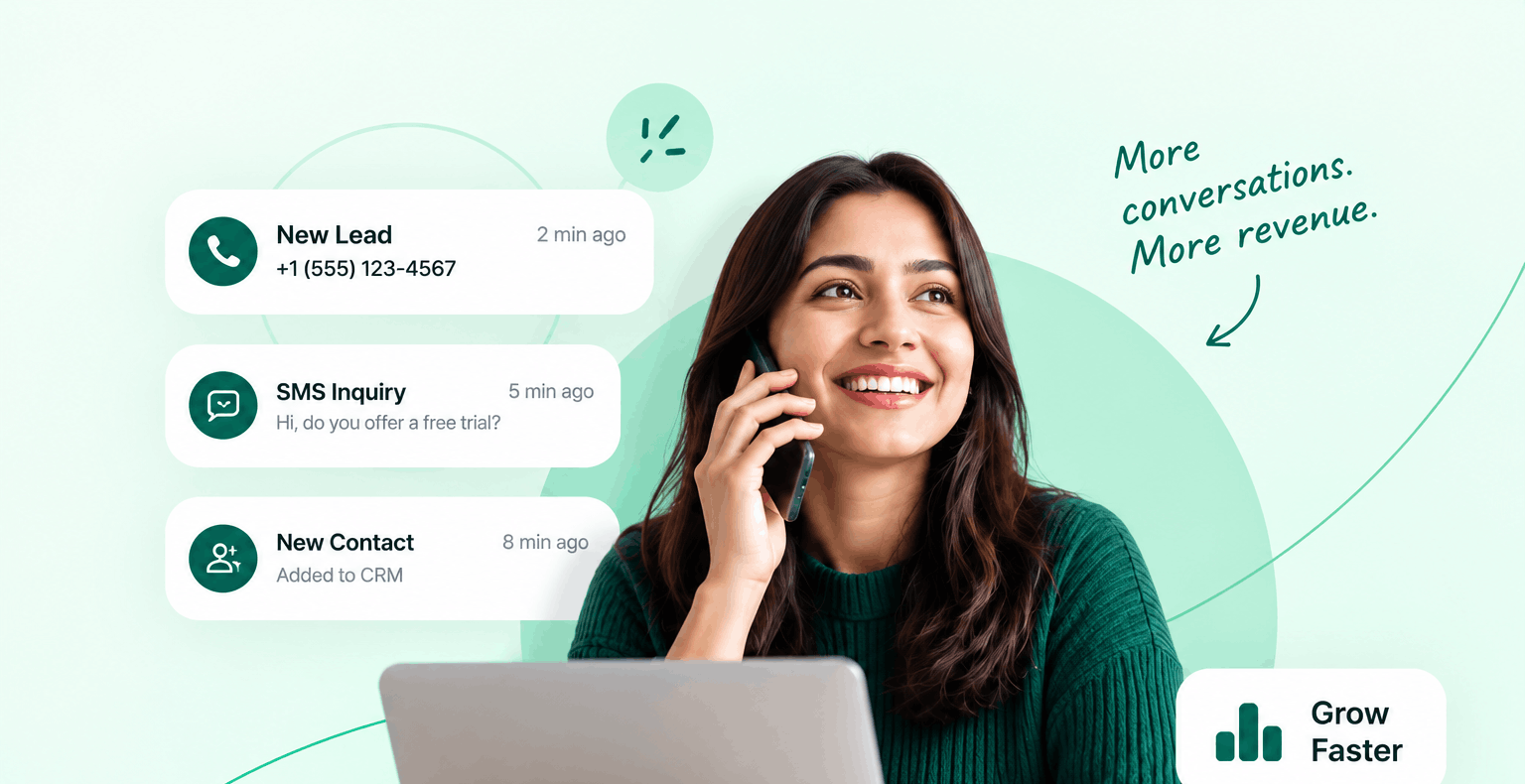 Business owner on a call with DialNext lead, SMS, and CRM notifications